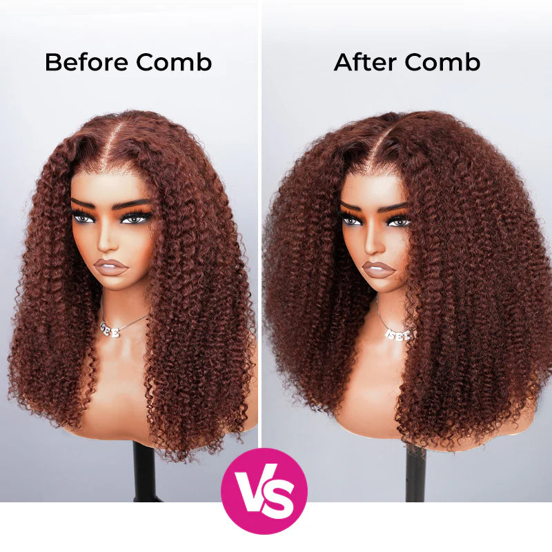 Trendy Color  Kinky Curly Reddish Brown Glueless Wig Pre Cut Lace Wear Go Wig