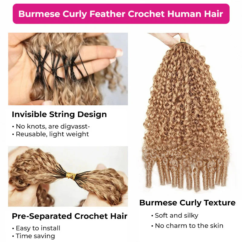 Burmese Curly  New In Color #27 Honey Blonde Burmese Curly Crochet Human Hair for Miracle Knots Plush Texture Time-Saving Wear