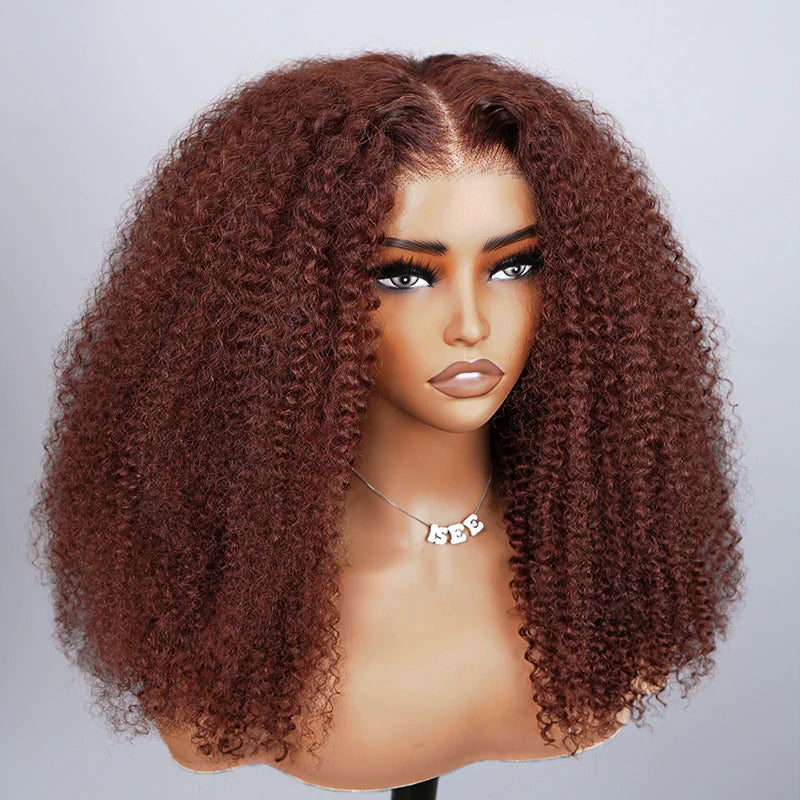 Trendy Color  Kinky Curly Reddish Brown Glueless Wig Pre Cut Lace Wear Go Wig