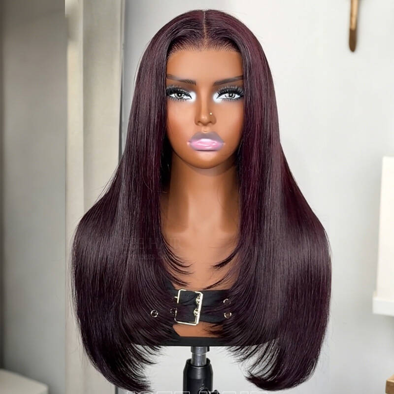 Layer Cut  New In Blackcurrant Brunette 7x5 Lace Wear & Go Glueless Human Hair Layered Straight Wig Dark Burgundy