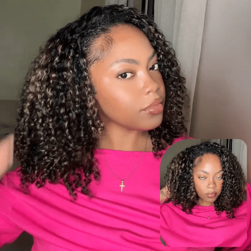Perfect for Short Hair [WEAR GO HALF WIG]  Highlight Brown Kinky Curly Half Wig Draw-strings Flip Over Wig