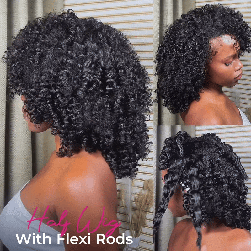 Short Hair Friendly [WEAR GO HALF WIG]  Afro Curly Draw-strings Half Wig Real Hairline InvisiFit Strap Flip Over Wig