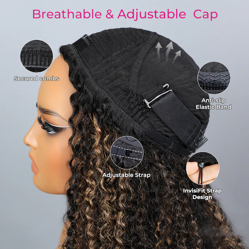 Perfect for Short Hair [WEAR GO HALF WIG]  Highlight Brown Kinky Curly Half Wig Draw-strings Flip Over Wig