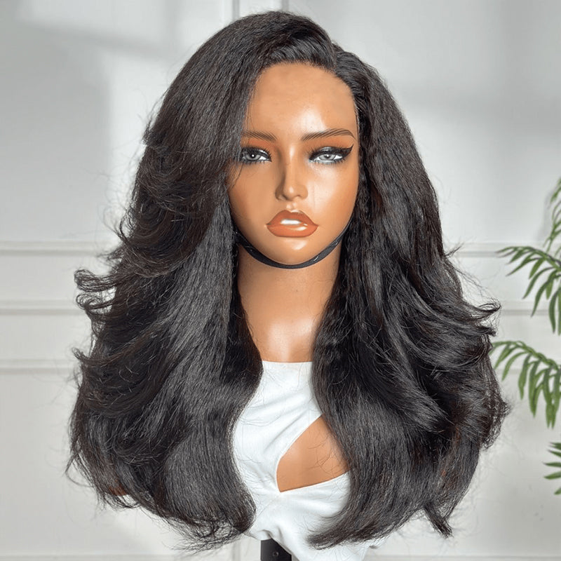 Full 13x6  New In 13x6 Wear Go Kinky Straight Layered Cut Glueless Wig BD Lace Pre-Cut Lace Front Wig Real Ear To Ear With Invisi Draw-string Wig