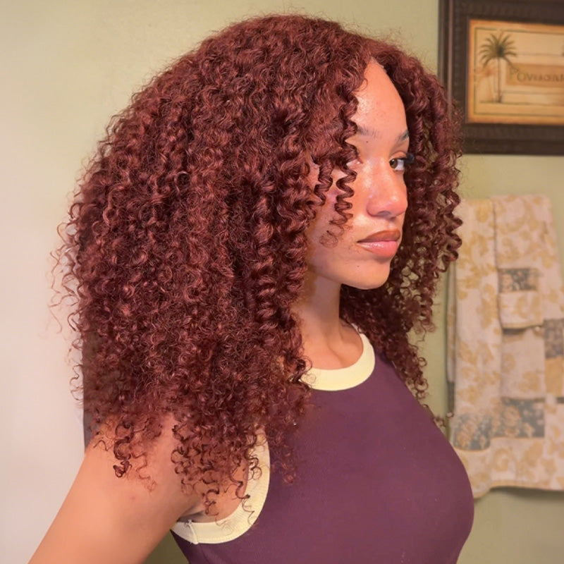 Trendy Color  Kinky Curly Reddish Brown Glueless Wig Pre Cut Lace Wear Go Wig