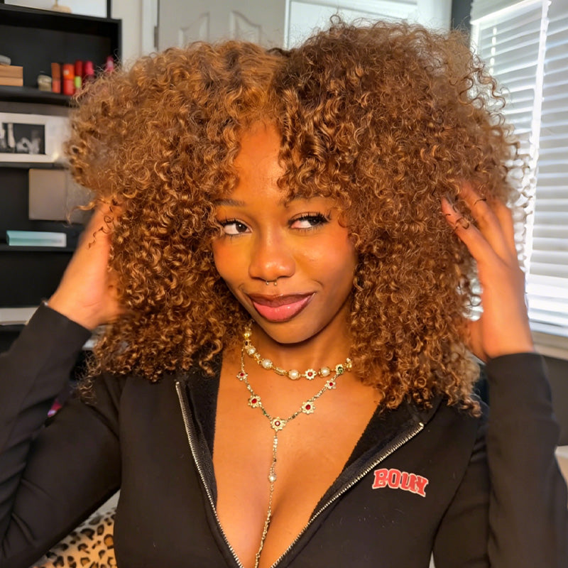 9x6 M Cap  New In Honey Brown Kinky Curly 9x6 M-Cap Wear & Go InvisiFit Strap Glueless Wig