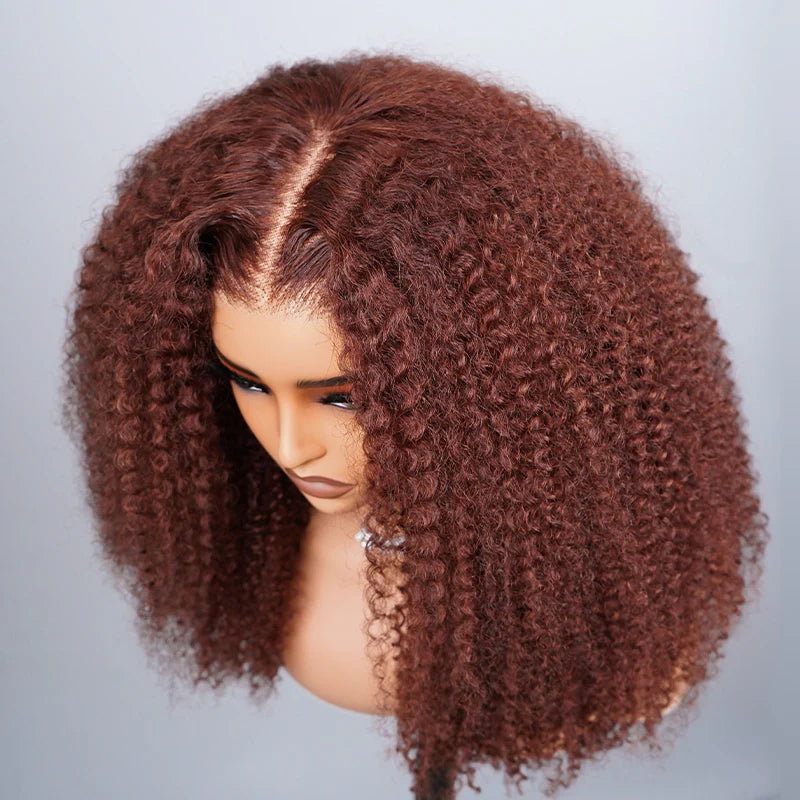 Trendy Color  Kinky Curly Reddish Brown Glueless Wig Pre Cut Lace Wear Go Wig