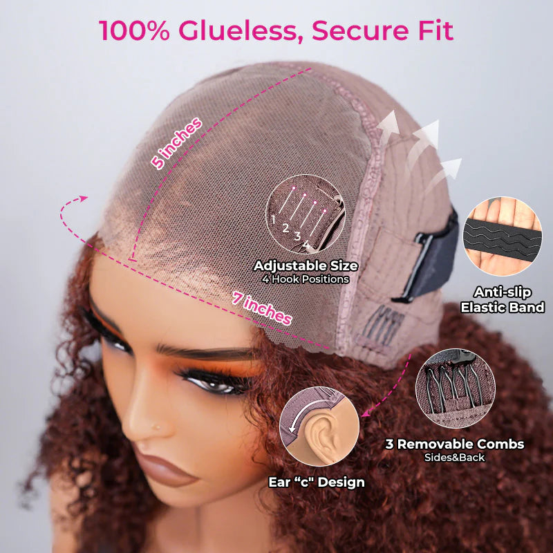 Trendy Color  Kinky Curly Reddish Brown Glueless Wig Pre Cut Lace Wear Go Wig
