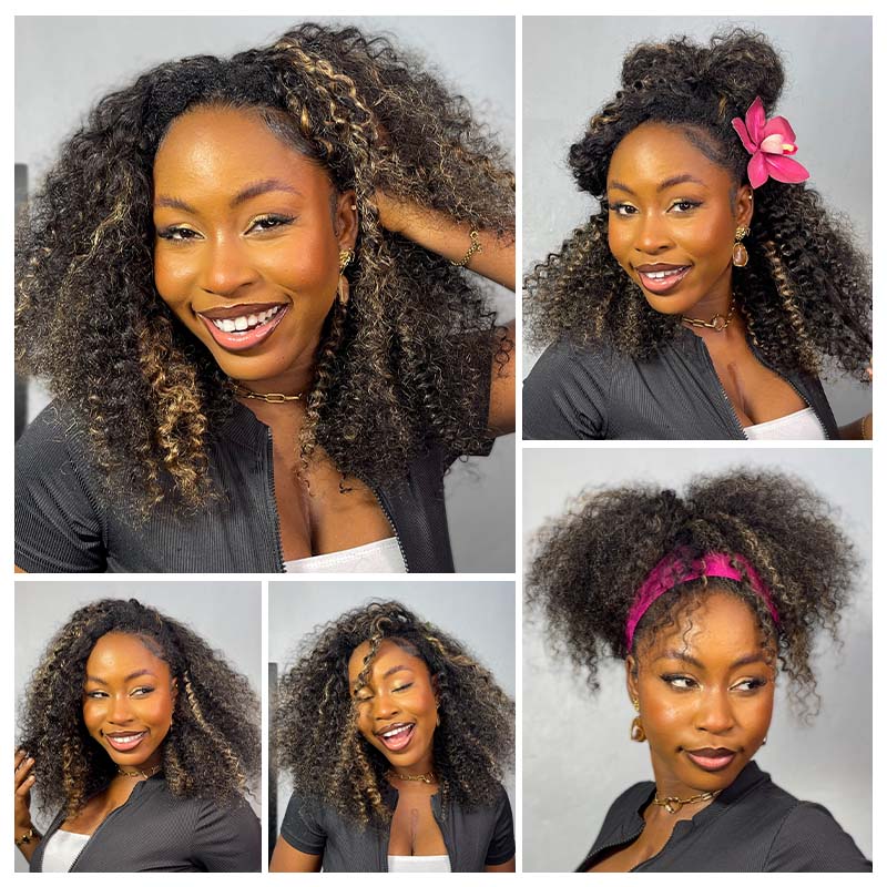 Perfect for Short Hair [WEAR GO HALF WIG]  Highlight Brown Kinky Curly Half Wig Draw-strings Flip Over Wig