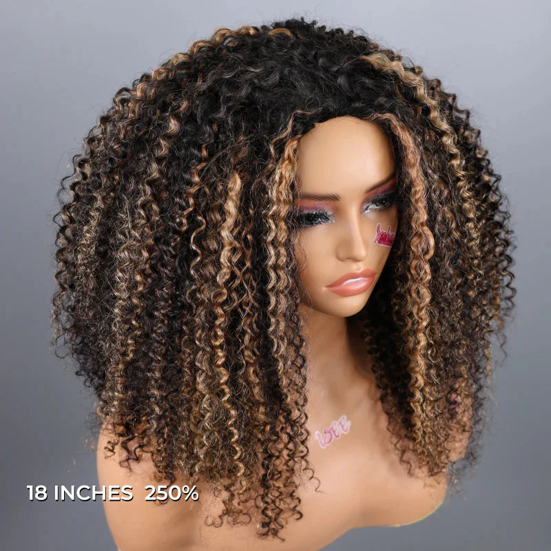 Perfect for Short Hair [WEAR GO HALF WIG]  Highlight Brown Kinky Curly Half Wig Draw-strings Flip Over Wig