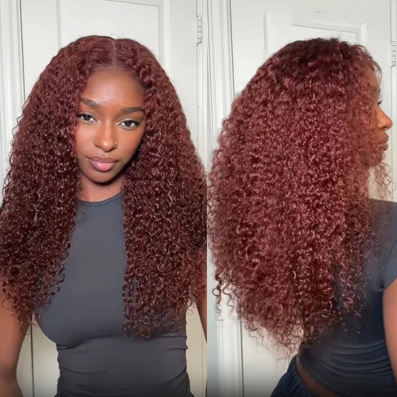 Trendy Color  Kinky Curly Reddish Brown Glueless Wig Pre Cut Lace Wear Go Wig