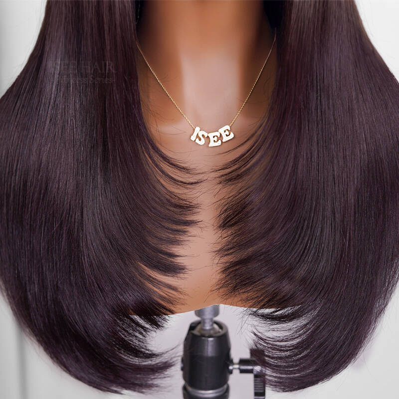 Layer Cut  New In Blackcurrant Brunette 7x5 Lace Wear & Go Glueless Human Hair Layered Straight Wig Dark Burgundy