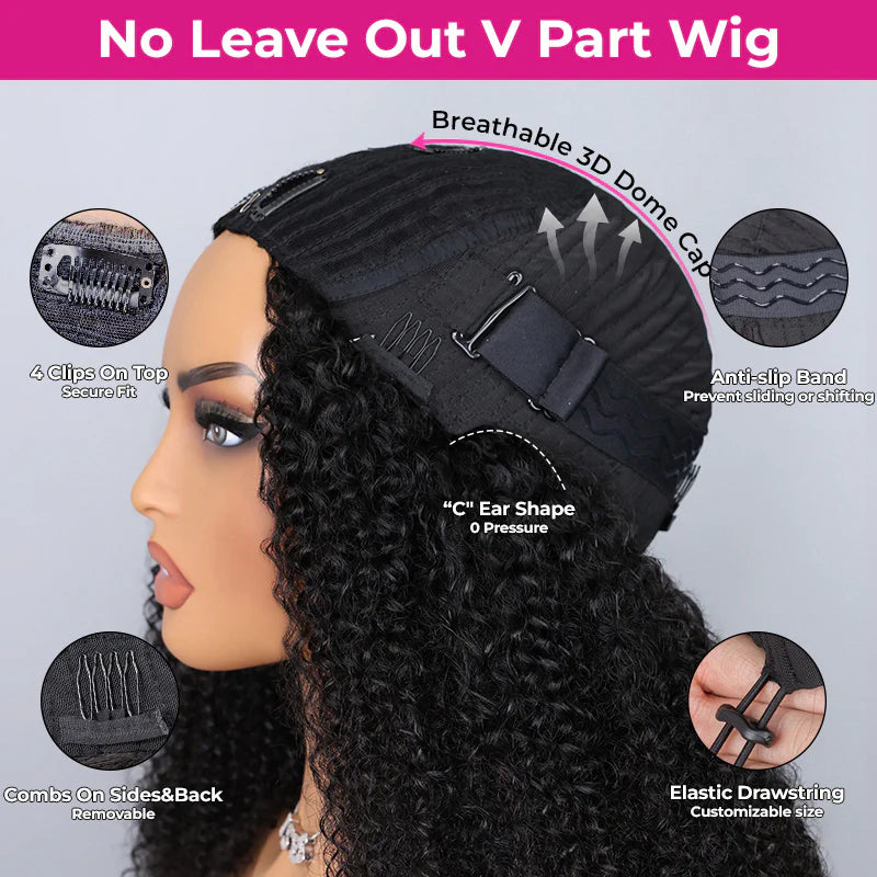 InvisiFit Strap  Afro Curly V Part Wig With Elastic Draw-strings Protective Style InvisiFit Strap Glueless Wig