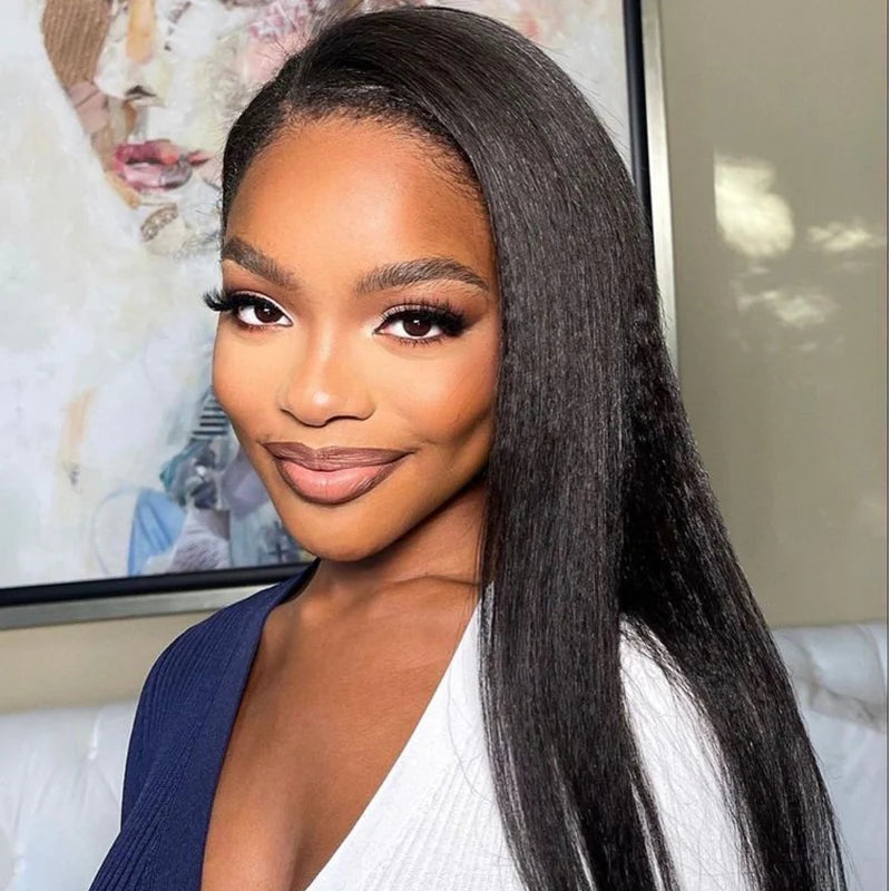 Minimum Leave Out [WEAR GO HALF WIG]  Yaki Straight Draw-strings Half Wig Invisible Hairline Flip Over InvisiFit Strap Wig