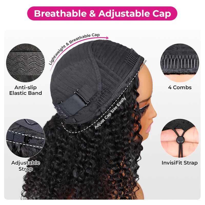 Burmese Curly Half Wig InvisiFit Strap Human Hair Wear Go Glueless Wig for Beginners