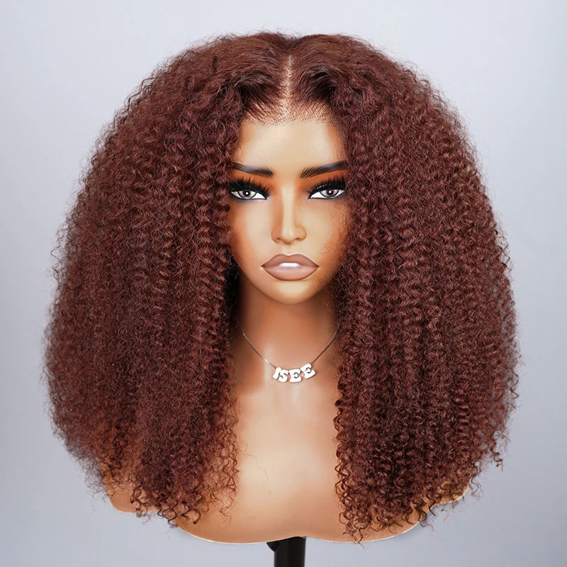 Trendy Color  Kinky Curly Reddish Brown Glueless Wig Pre Cut Lace Wear Go Wig