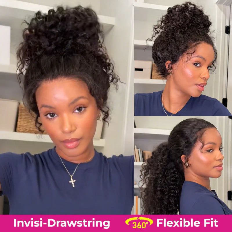 Invisi-Drawstring  Invisi Draw-strings 360 Water Wave Pre-Cut Lace Wear Go Wig Pre-Bleached Knots InvisiFit Strap Glueless Wigs