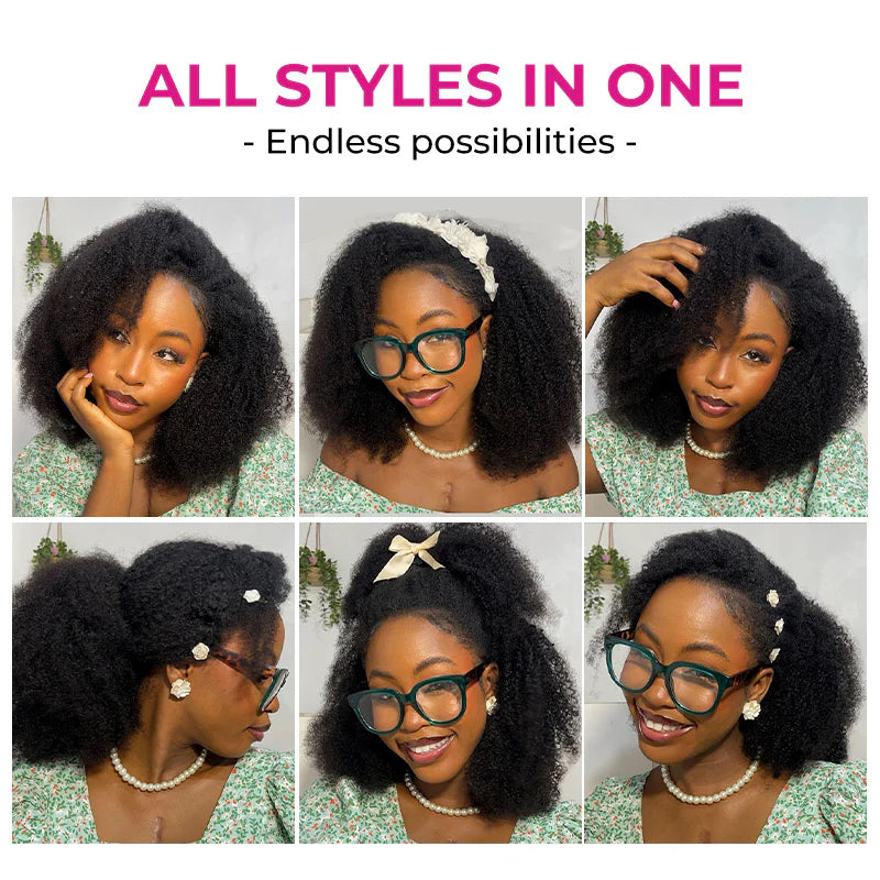 Short Hair Friendly [WEAR GO HALF WIG]  Afro Curly Draw-strings Half Wig Real Hairline InvisiFit Strap Flip Over Wig
