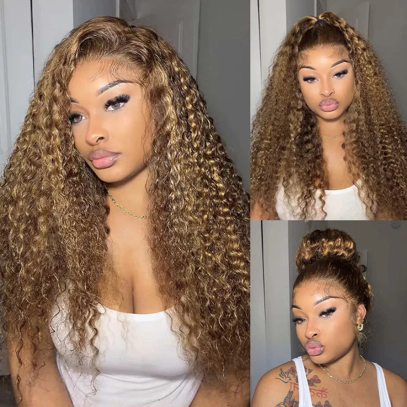 Customizable Fit  Highlight Brown Water Wave 360 Wear Go Wig Invisi Draw-strings Pre-Cut Lace InvisiFit Strap Glueless Wigs