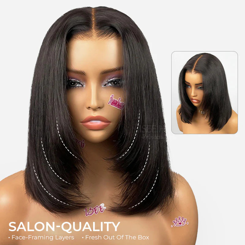 9x6 Tpart Wear Go Layered Cut Bob Yaki Straight Wig Natural Black Deep Part Lace Glueless Wig