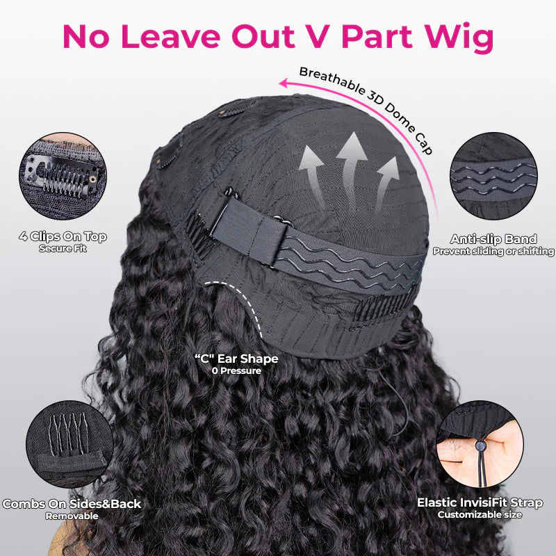 Burmese Curly  Hand Tied V Part Burmese Curly InvisiFit Strap Wear Go Glueless Wig With Elastic Draw-strings Beginner Friendly