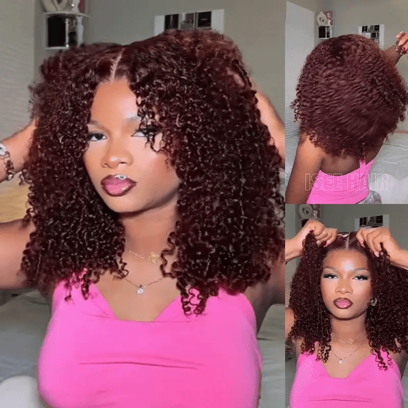 Trendy Color  Kinky Curly Reddish Brown Glueless Wig Pre Cut Lace Wear Go Wig