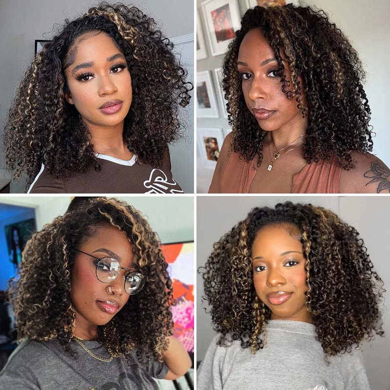 Perfect for Short Hair [WEAR GO HALF WIG]  Highlight Brown Kinky Curly Half Wig Draw-strings Flip Over Wig