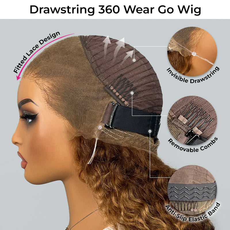 Customizable Fit  Highlight Brown Water Wave 360 Wear Go Wig Invisi Draw-strings Pre-Cut Lace InvisiFit Strap Glueless Wigs