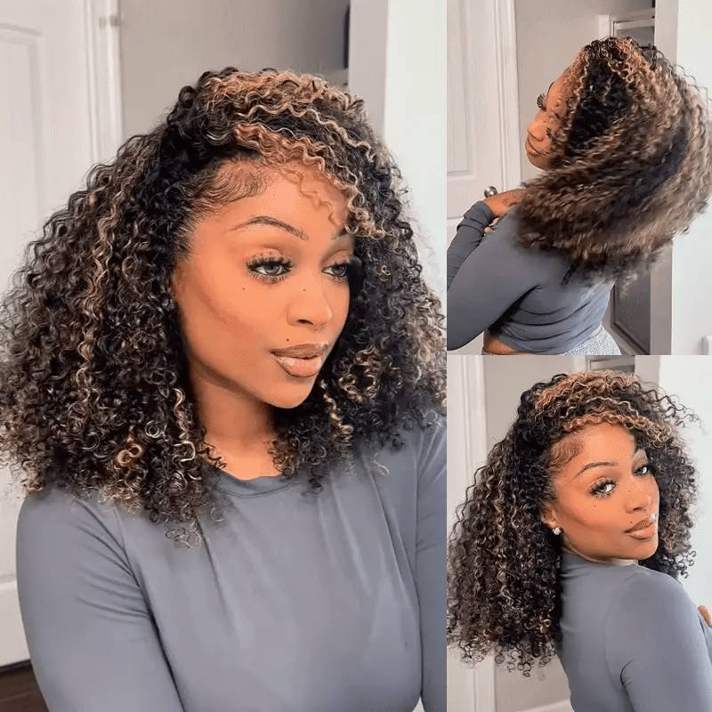 Perfect for Short Hair [WEAR GO HALF WIG]  Highlight Brown Kinky Curly Half Wig Draw-strings Flip Over Wig