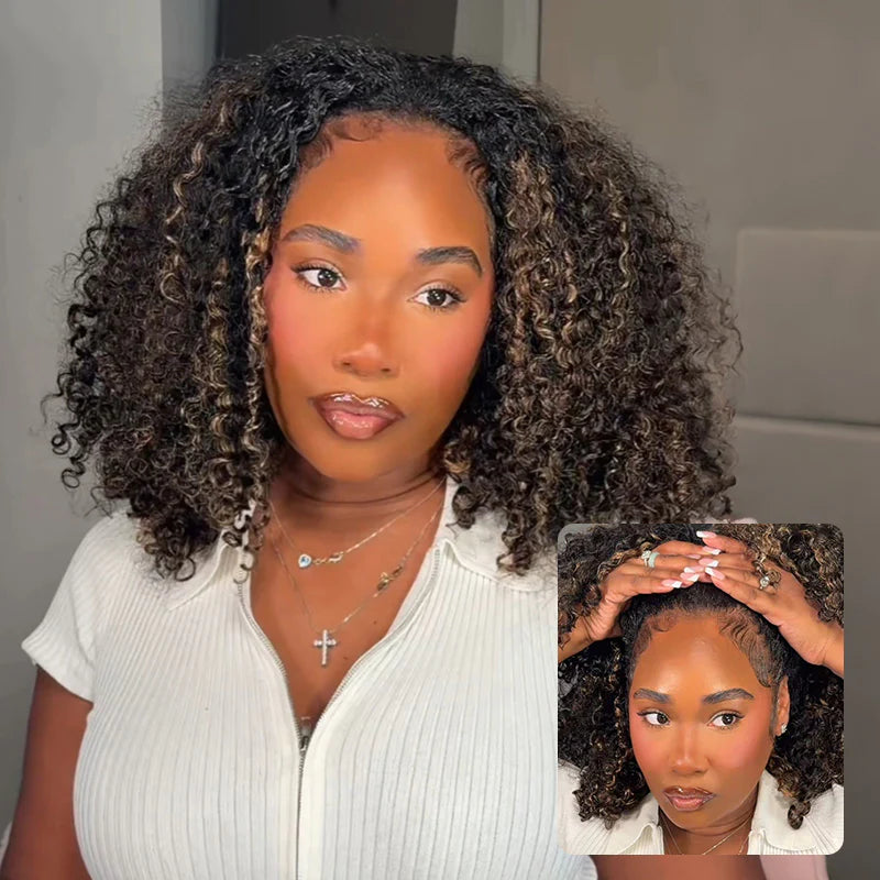 Perfect for Short Hair [WEAR GO HALF WIG]  Highlight Brown Kinky Curly Half Wig Draw-strings Flip Over Wig