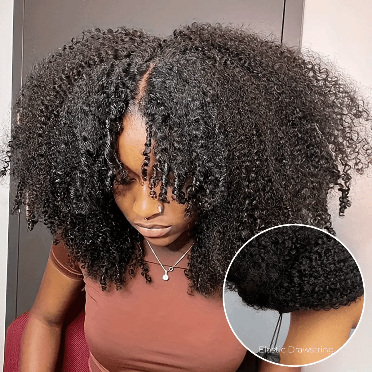 InvisiFit Strap  Afro Curly V Part Wig With Elastic Draw-strings Protective Style InvisiFit Strap Glueless Wig