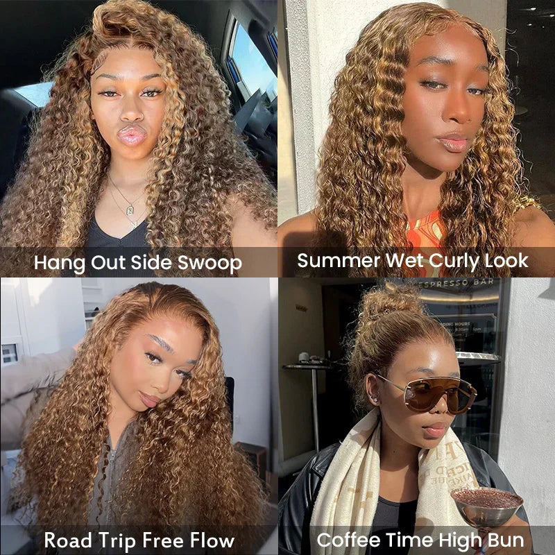 Customizable Fit  Highlight Brown Water Wave 360 Wear Go Wig Invisi Draw-strings Pre-Cut Lace InvisiFit Strap Glueless Wigs