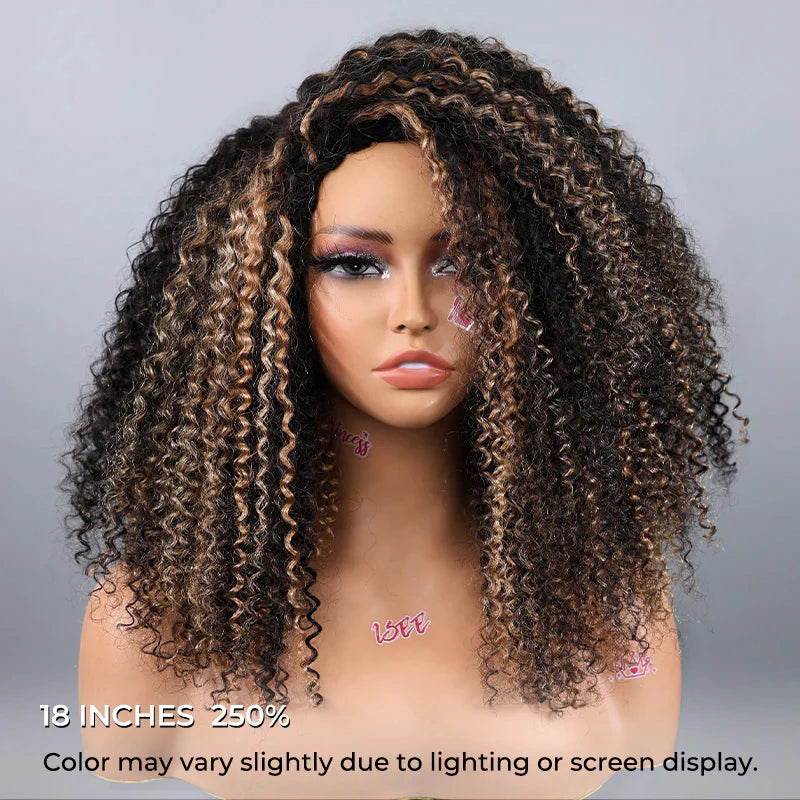 Perfect for Short Hair [WEAR GO HALF WIG]  Highlight Brown Kinky Curly Half Wig Draw-strings Flip Over Wig