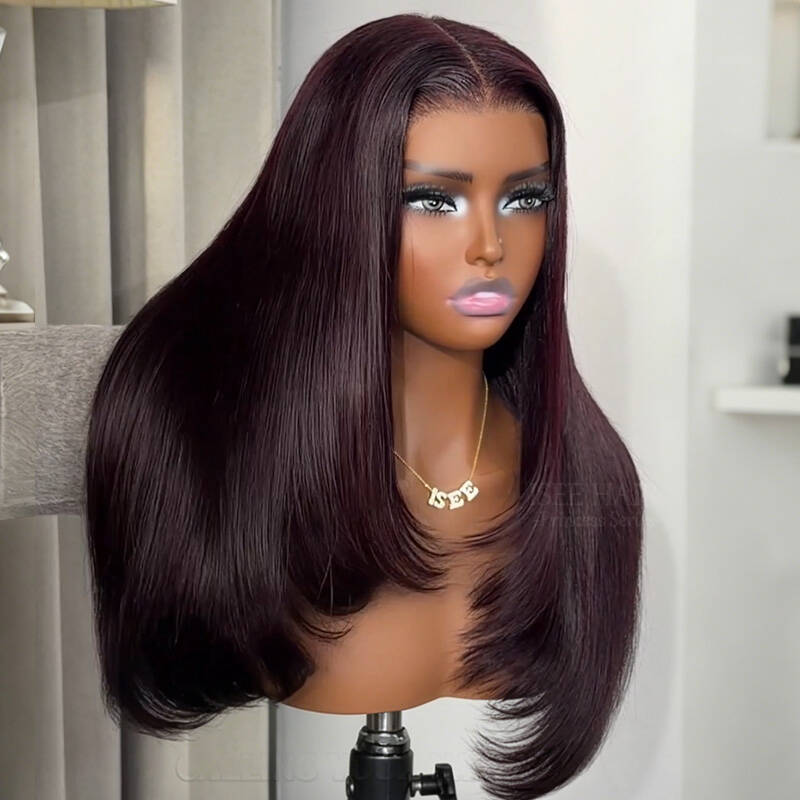 Layer Cut  New In Blackcurrant Brunette 7x5 Lace Wear & Go Glueless Human Hair Layered Straight Wig Dark Burgundy