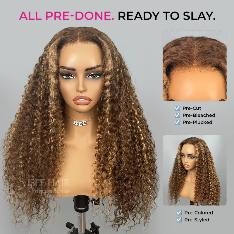 Customizable Fit  Highlight Brown Water Wave 360 Wear Go Wig Invisi Draw-strings Pre-Cut Lace InvisiFit Strap Glueless Wigs