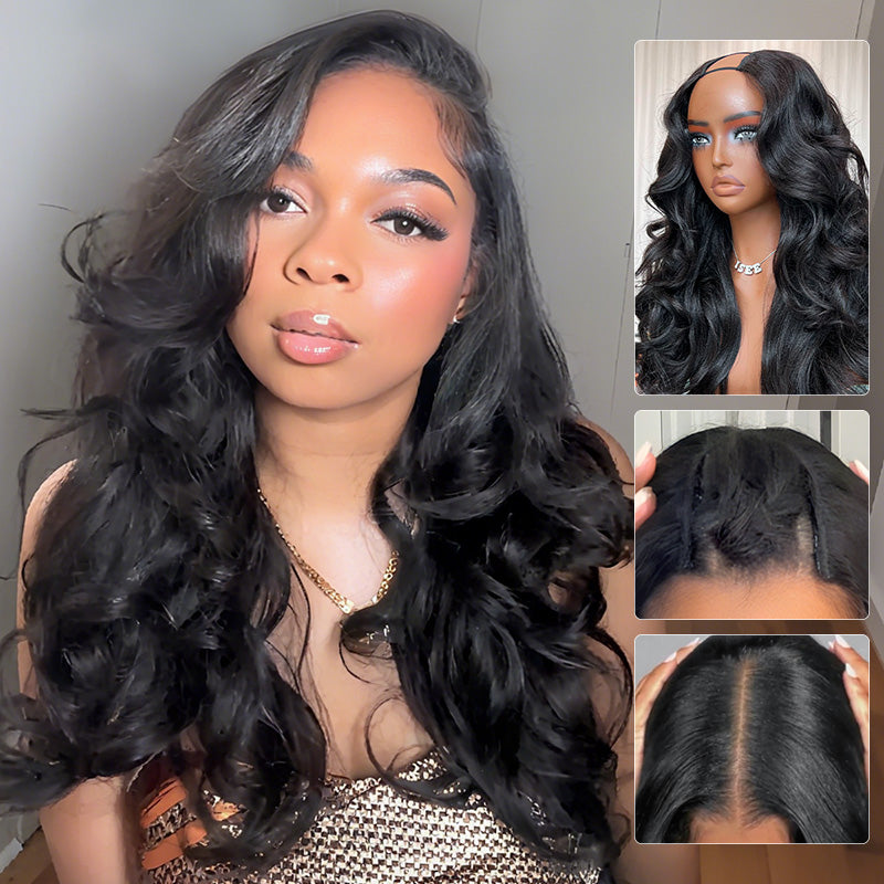 Upgraded Dome Cap  New In 250% Density Pre-Styled Butterfly Cut Layered U/V Part Sew In Wig Natural Black Human Hair Wigs