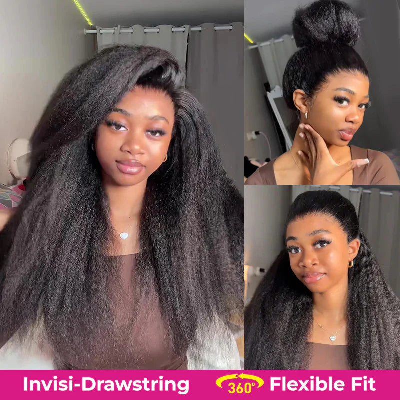 360 Glueless  Invisi Draw-strings Kinky Straight 360 Glueless Wig Pre-Cut Lace InvisiFit Strap Wear Go Wig