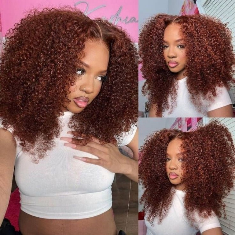Trendy Color  Kinky Curly Reddish Brown Glueless Wig Pre Cut Lace Wear Go Wig