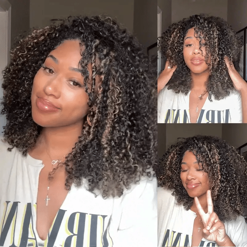 Perfect for Short Hair [WEAR GO HALF WIG]  Highlight Brown Kinky Curly Half Wig Draw-strings Flip Over Wig