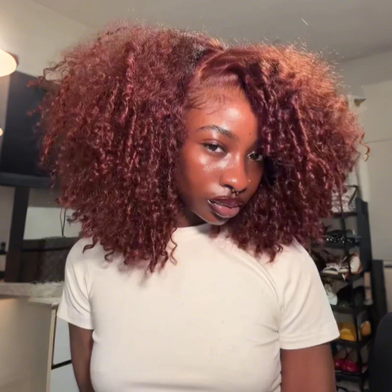 Trendy Color  Kinky Curly Reddish Brown Glueless Wig Pre Cut Lace Wear Go Wig
