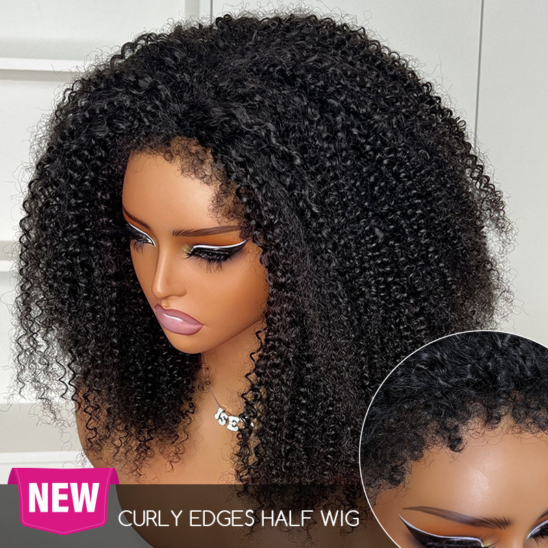 Short Hair Friendly [WEAR GO HALF WIG]  Afro Curly Draw-strings Half Wig Real Hairline InvisiFit Strap Flip Over Wig