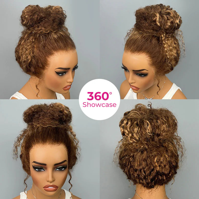 Customizable Fit  Highlight Brown Water Wave 360 Wear Go Wig Invisi Draw-strings Pre-Cut Lace InvisiFit Strap Glueless Wigs