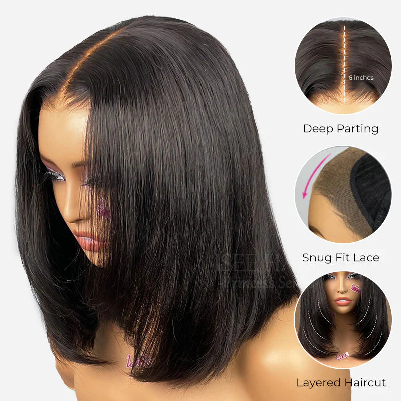 Weightless Feel 9x6 T-Part Wear & Go Layered Cut Bob Yaki Straight Natural Black Glueless Lace Wig
