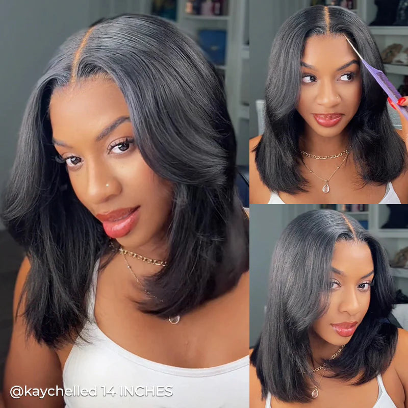 Weightless Feel 9x6 T-Part Wear & Go Layered Cut Bob Yaki Straight Natural Black Glueless Lace Wig