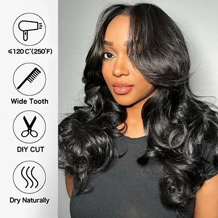 Layer Cut  M-Cap Face-Framing Layered Cut Body Wave 9x6 Wear Go Glueless Wig With Curtain Bangs Pre Bleached Mini Knots Pre-Cut HD Lace Wig