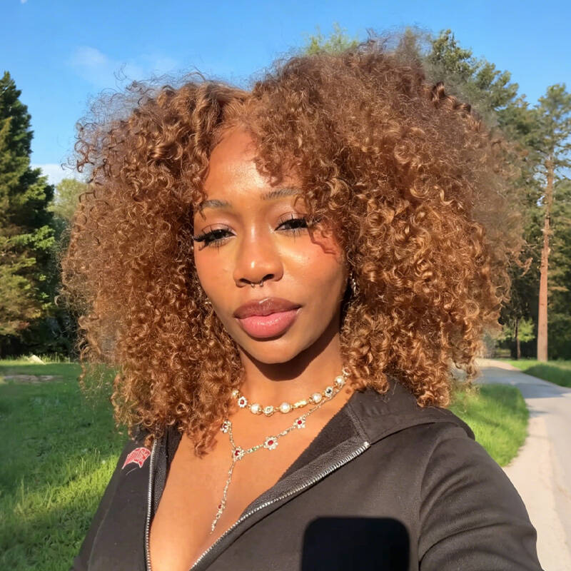 9x6 M Cap  New In Honey Brown Kinky Curly 9x6 M-Cap Wear & Go InvisiFit Strap Glueless Wig
