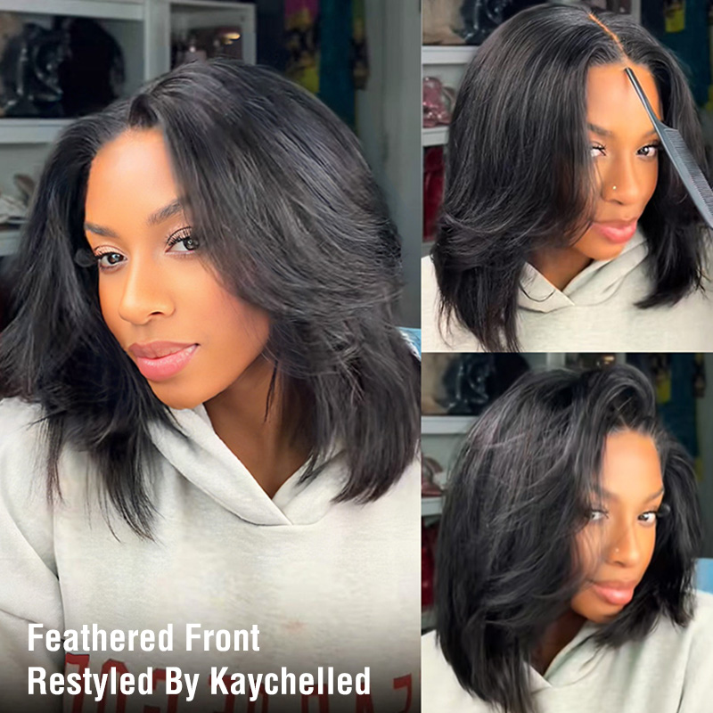 Weightless Feel 9x6 T-Part Wear & Go Layered Cut Bob Yaki Straight Natural Black Glueless Lace Wig