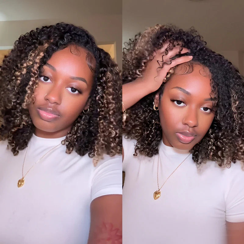 Perfect for Short Hair [WEAR GO HALF WIG]  Highlight Brown Kinky Curly Half Wig Draw-strings Flip Over Wig