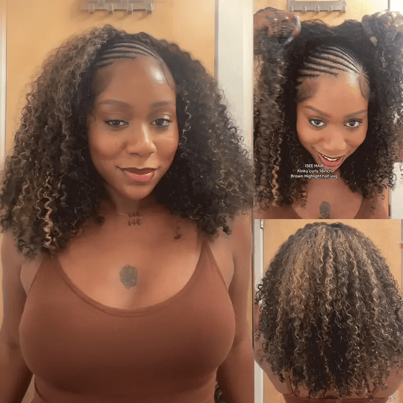 Perfect for Short Hair [WEAR GO HALF WIG]  Highlight Brown Kinky Curly Half Wig Draw-strings Flip Over Wig